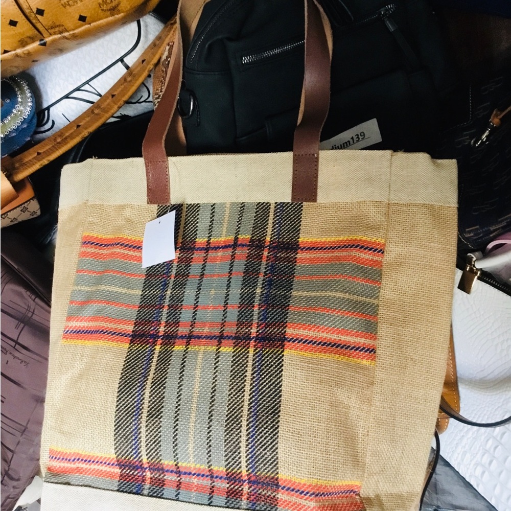 Canvas Tote Bag with Leather Handles - Beige with Multicolor Stripe